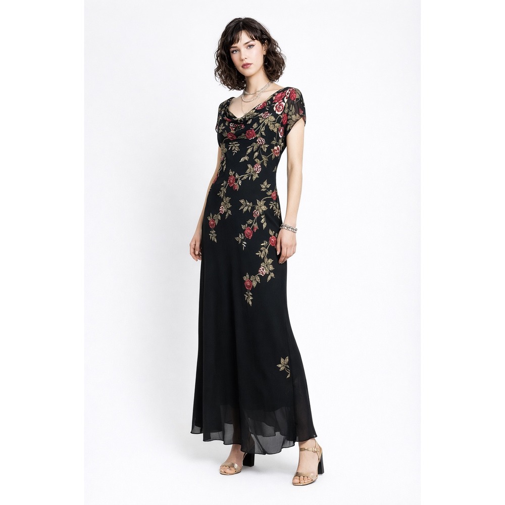 Vintage‎ MAJICK Black Floral Rose Print Maxi Dress Cowl Neck Large Beaded Bias
